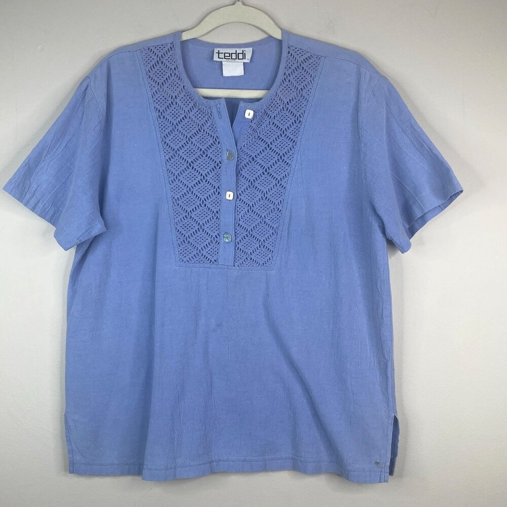 Vintage Teddi Casual Top PLarge Crochet Neck Henley Style‎ Tunic Comfy Beachy